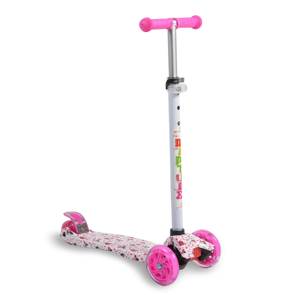 Ein rosa-weißer Roller wird gezeigt. Er hat drei Räder und eine weiße Stange mit rosa Griffen.