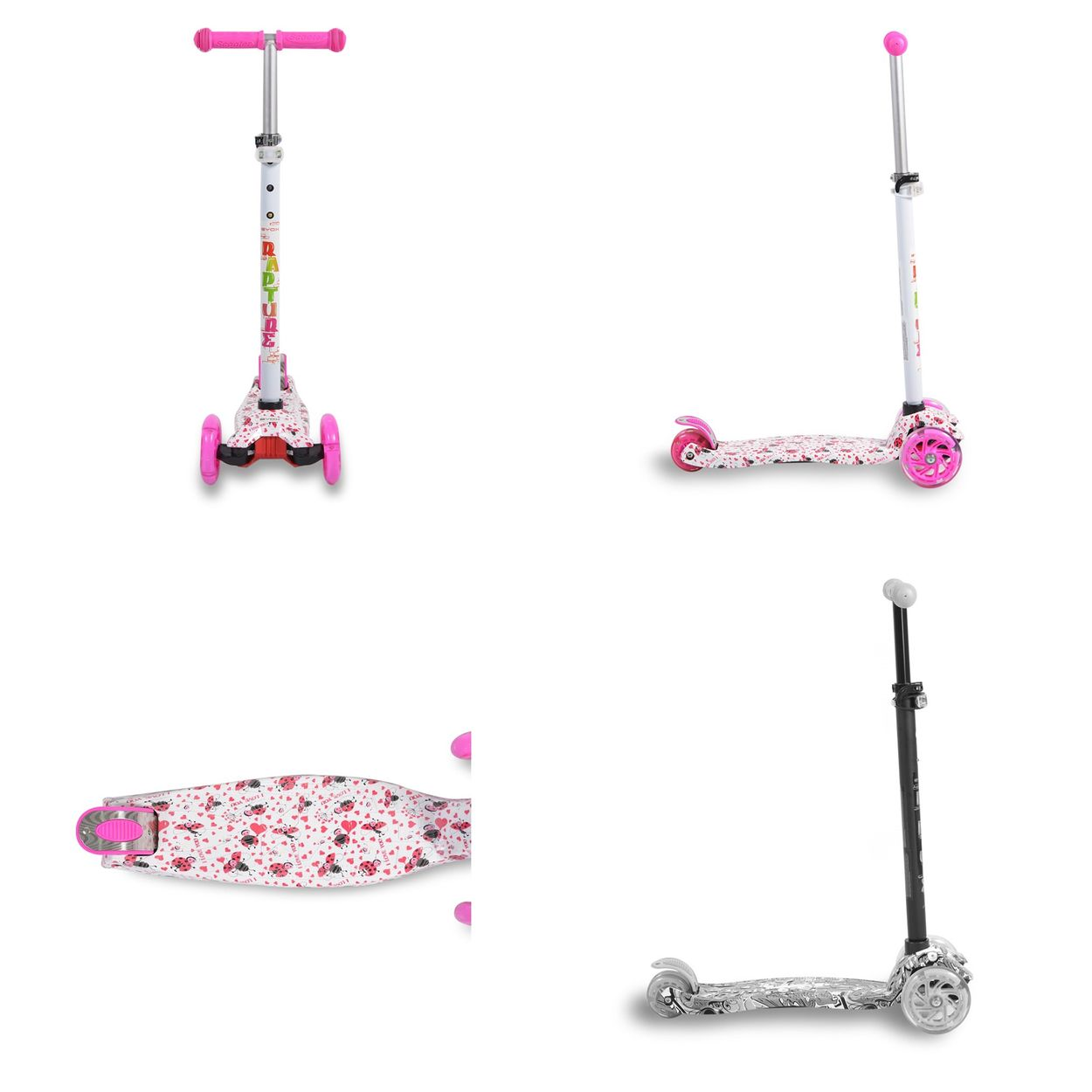 Vier Ansichten eines Rollers mit rosa, weißen und schwarzen Elementen. Weißer Hintergrund.