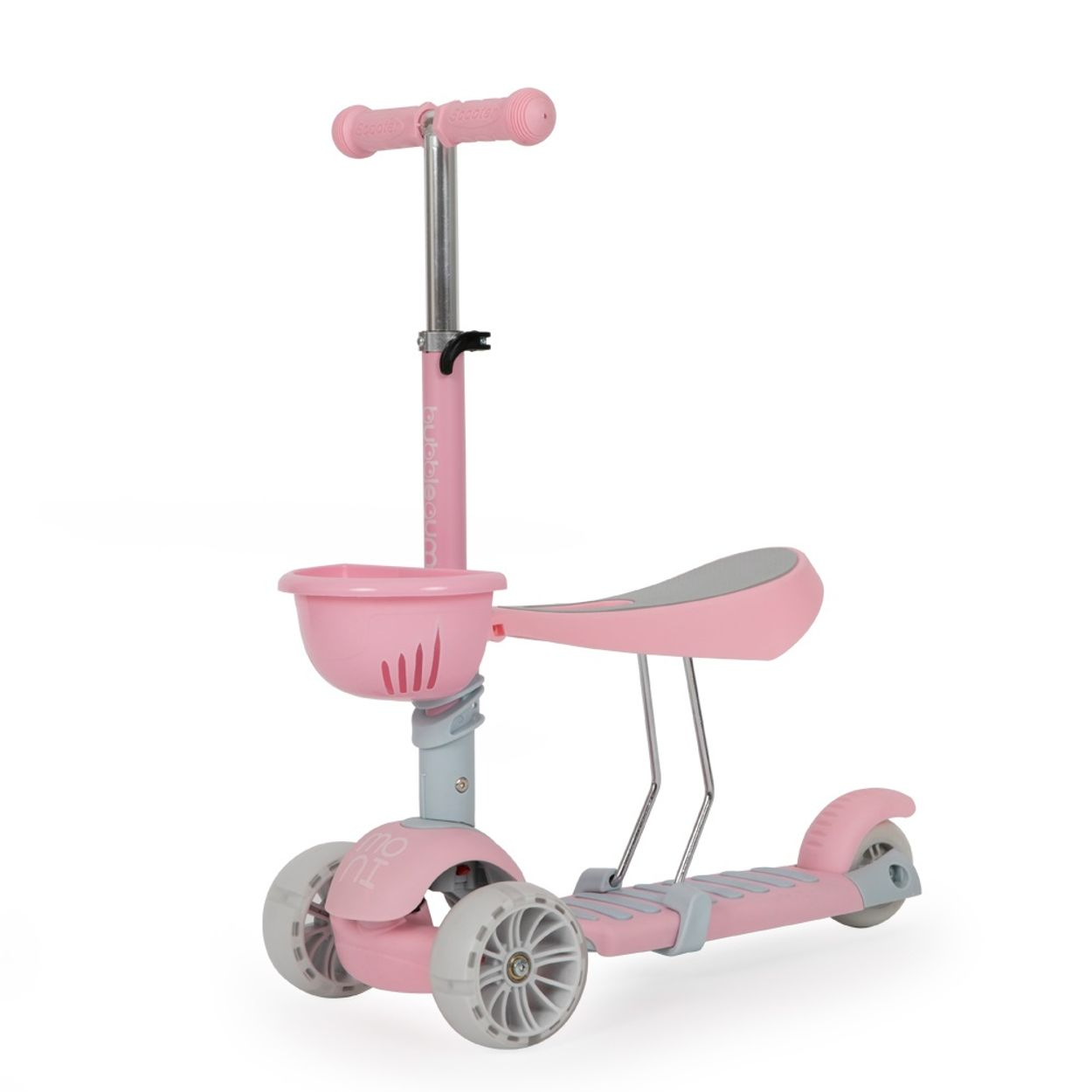 Rosa Roller mit Sitz, Korb und Griff. Drei Räder und ein weißer Hintergrund.