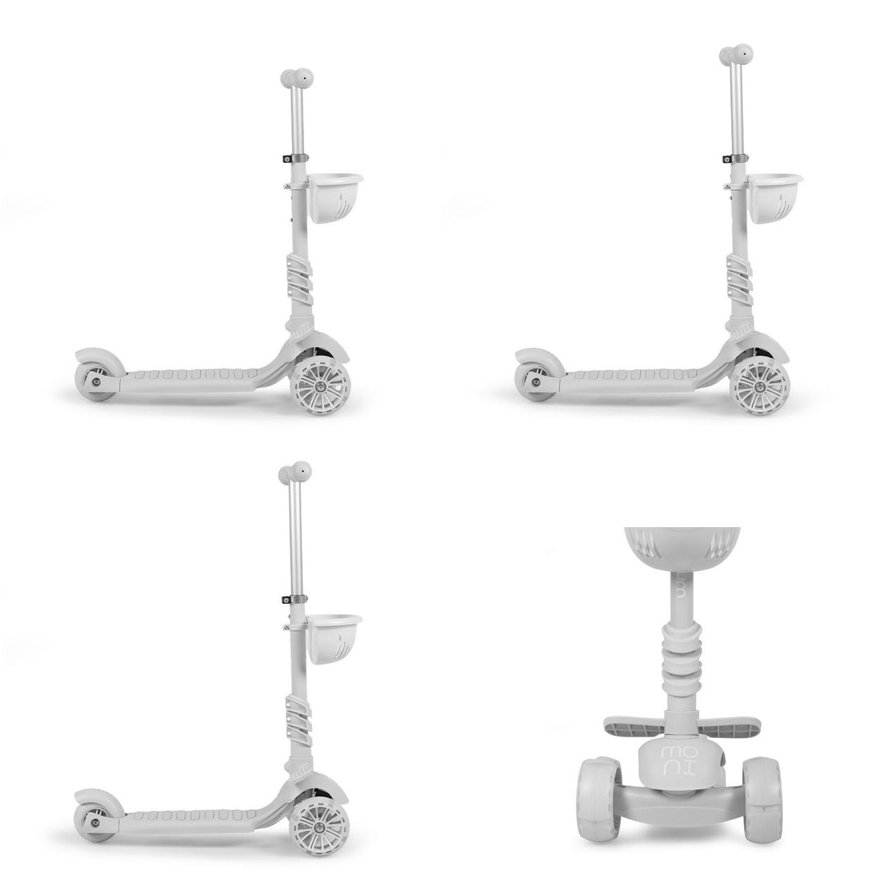 Drei Roller in verschiedenen Posen. Die Roller sind weiß und haben einen Korb und drei Räder.