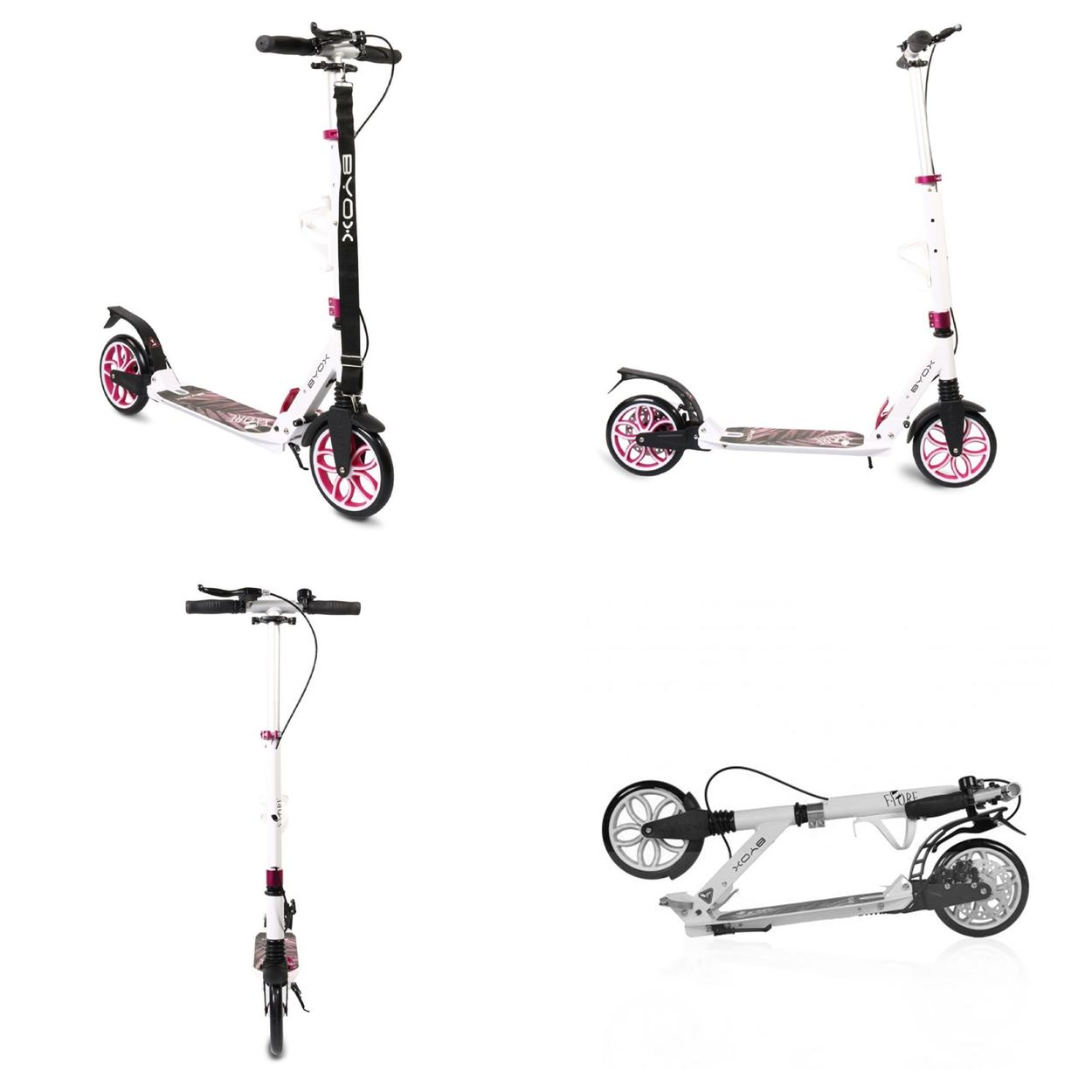 Mehrere Ansichten weißer und rosa Roller. Front, Seite und zusammengeklappt.