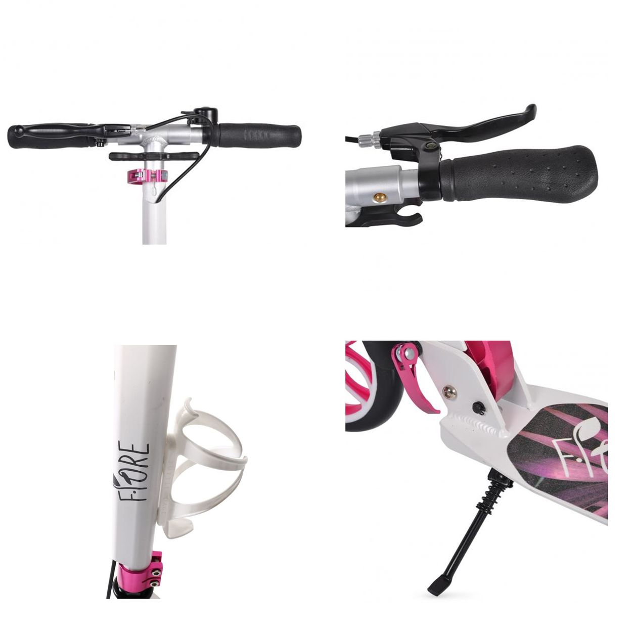 Nahaufnahmen von Rollerteilen: Lenker, Bremsen, Trinkflaschenhalter und Ständer.