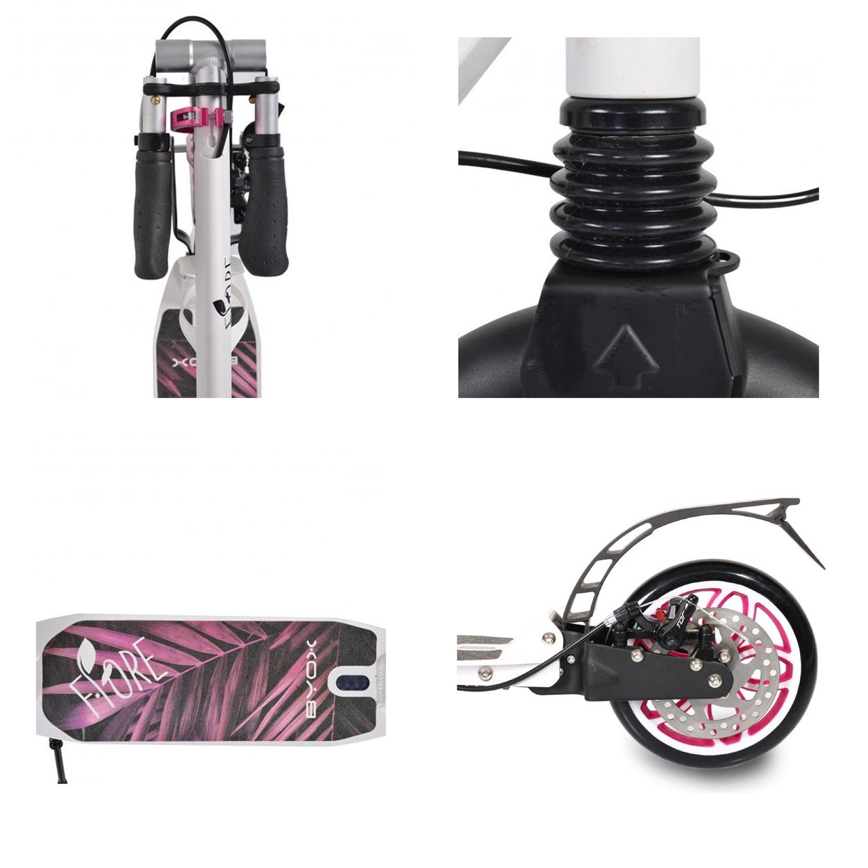 Nahaufnahmen eines Rollers. Zu den Teilen gehören Lenker, Rad und Deck.