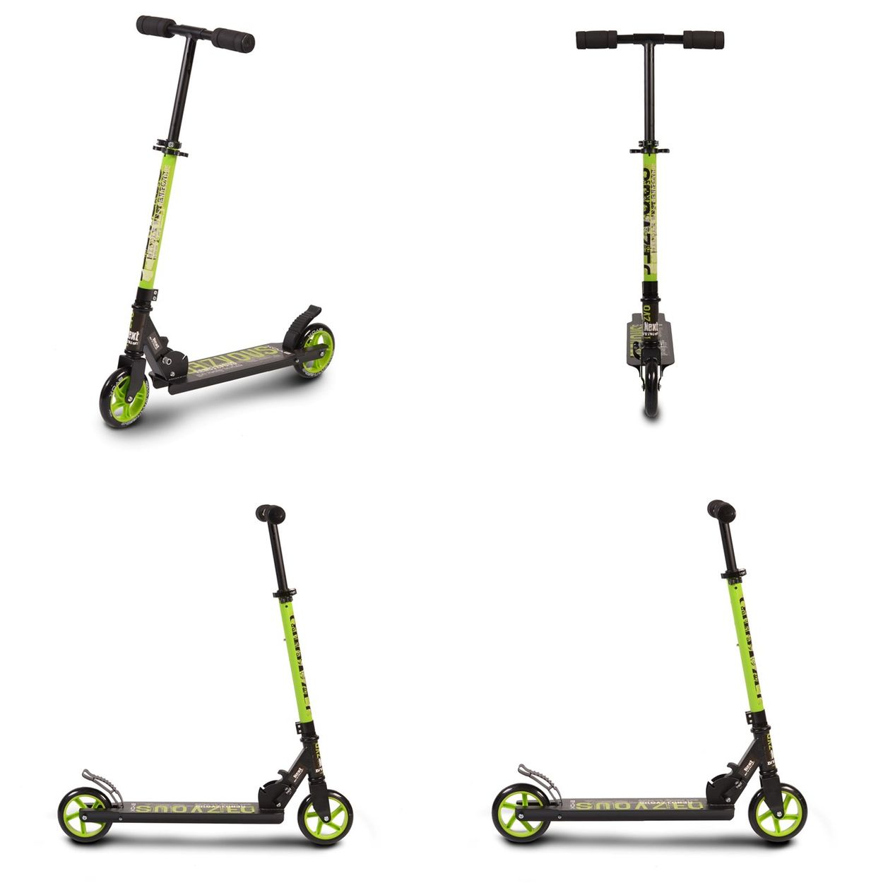 Vier Roller in verschiedenen Ansichten. Roller sind schwarz und grün mit Ständer und Rädern.