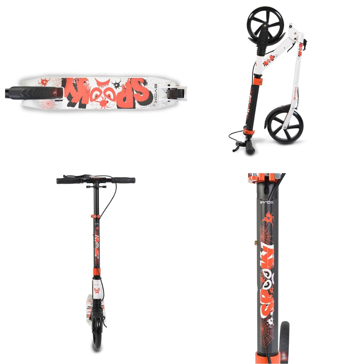 Vier Bilder eines Rollers. Zeigt Deck-, Lenker- und Raddetails.