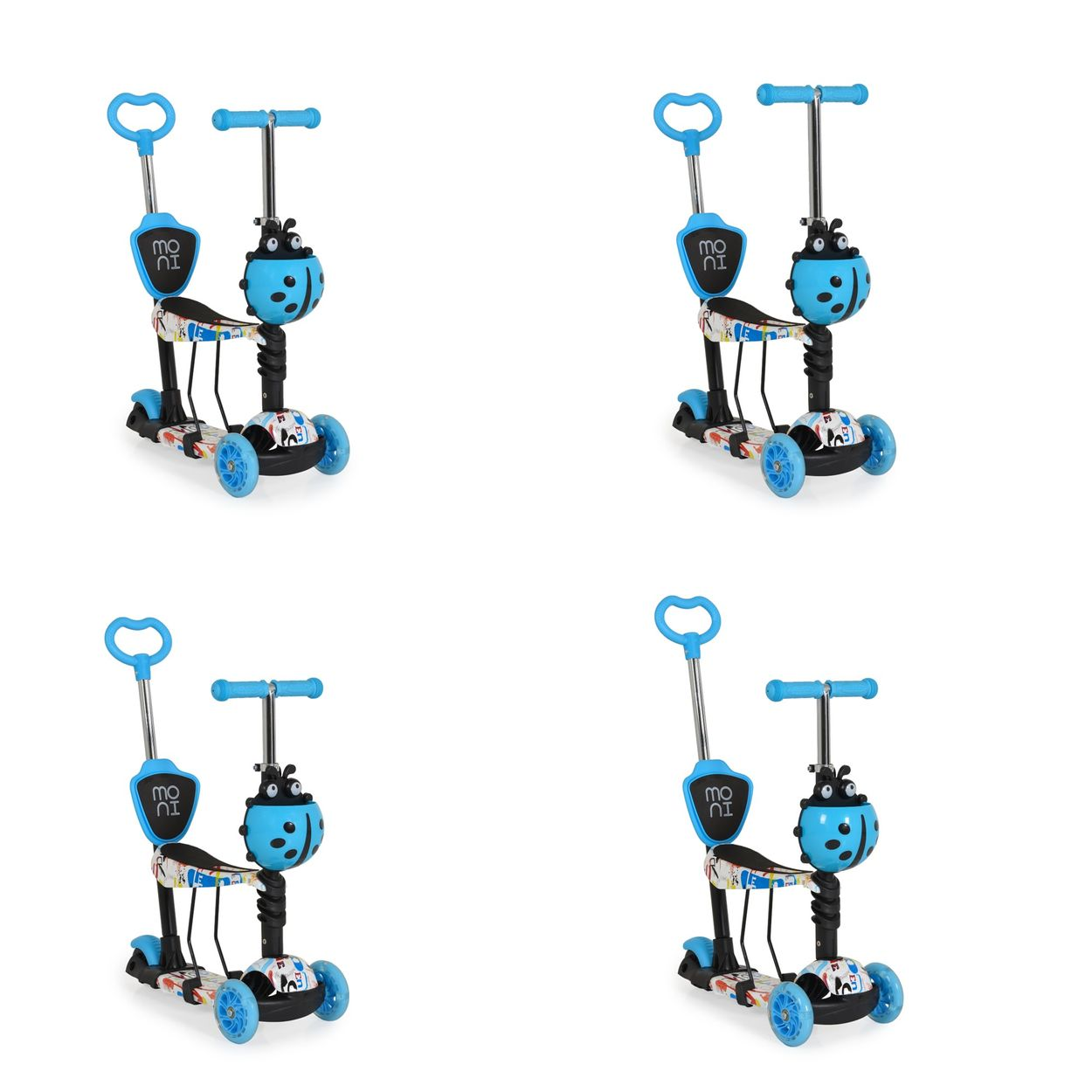 Vier Roller mit Marienkäfer-Design, blauen Akzenten und Griff für Eltern.