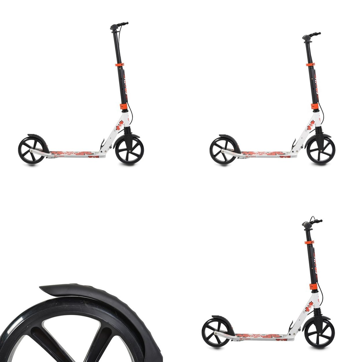 Drei weiße Roller mit schwarzen Rädern und roten Akzenten. Weißer Hintergrund.
