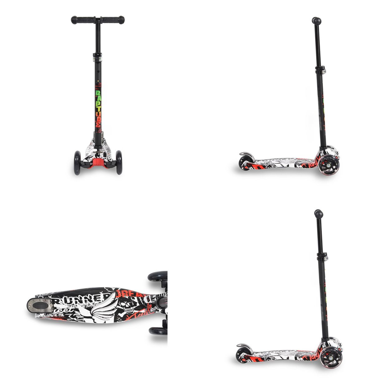 Vier Ansichten eines Rollers mit schwarzen, weißen und roten Grafiken. Schwarzer Lenker und Räder.