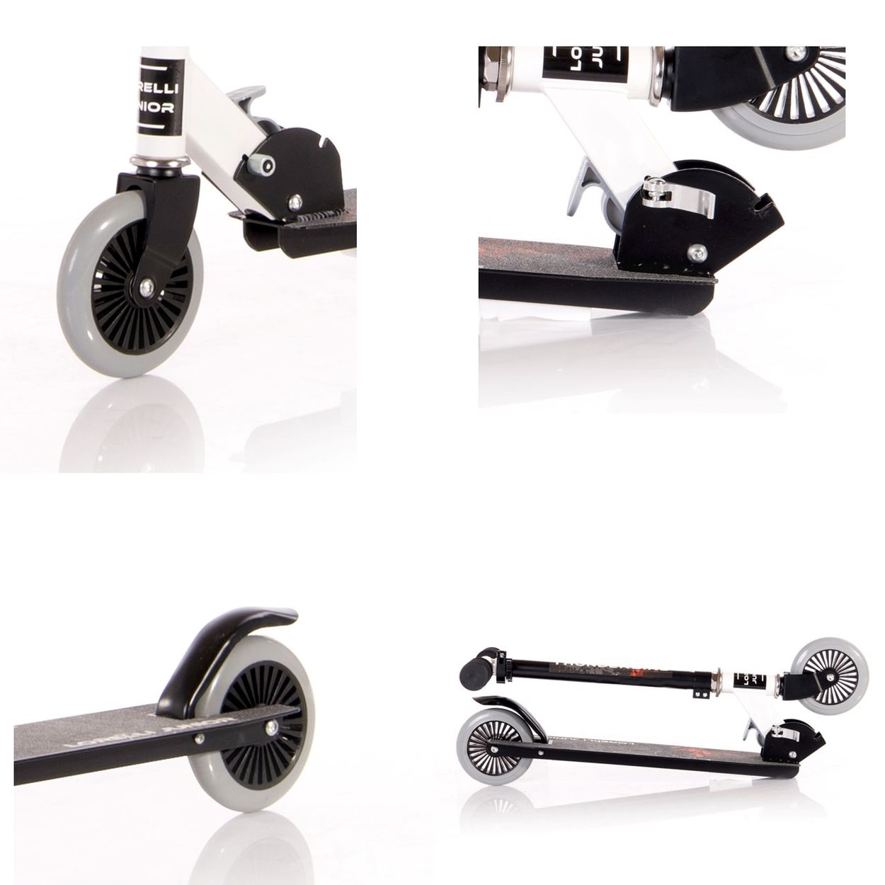 Imagen de cuatro paneles de un patinete blanco y negro, mostrando detalles de las ruedas y el mecanismo plegable.