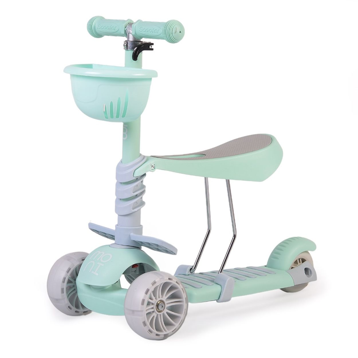Ein mintgrüner Roller mit Sitz, Korb und drei Rädern.