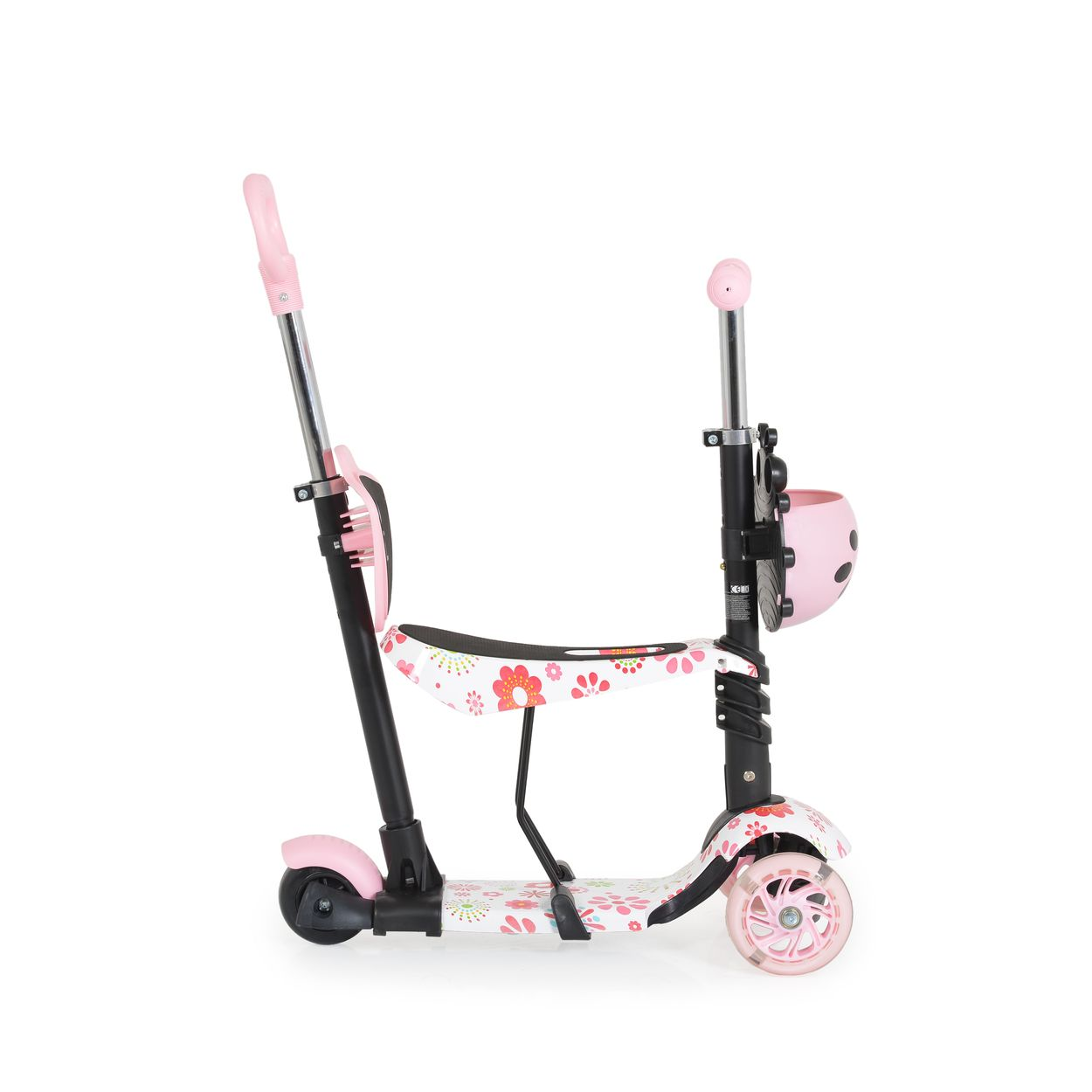 Ein pinkfarbener und weißer Roller mit Sitz und Korb. Er hat einen pinkfarbenen Stiel und ein Blumendesign auf dem Sitz.