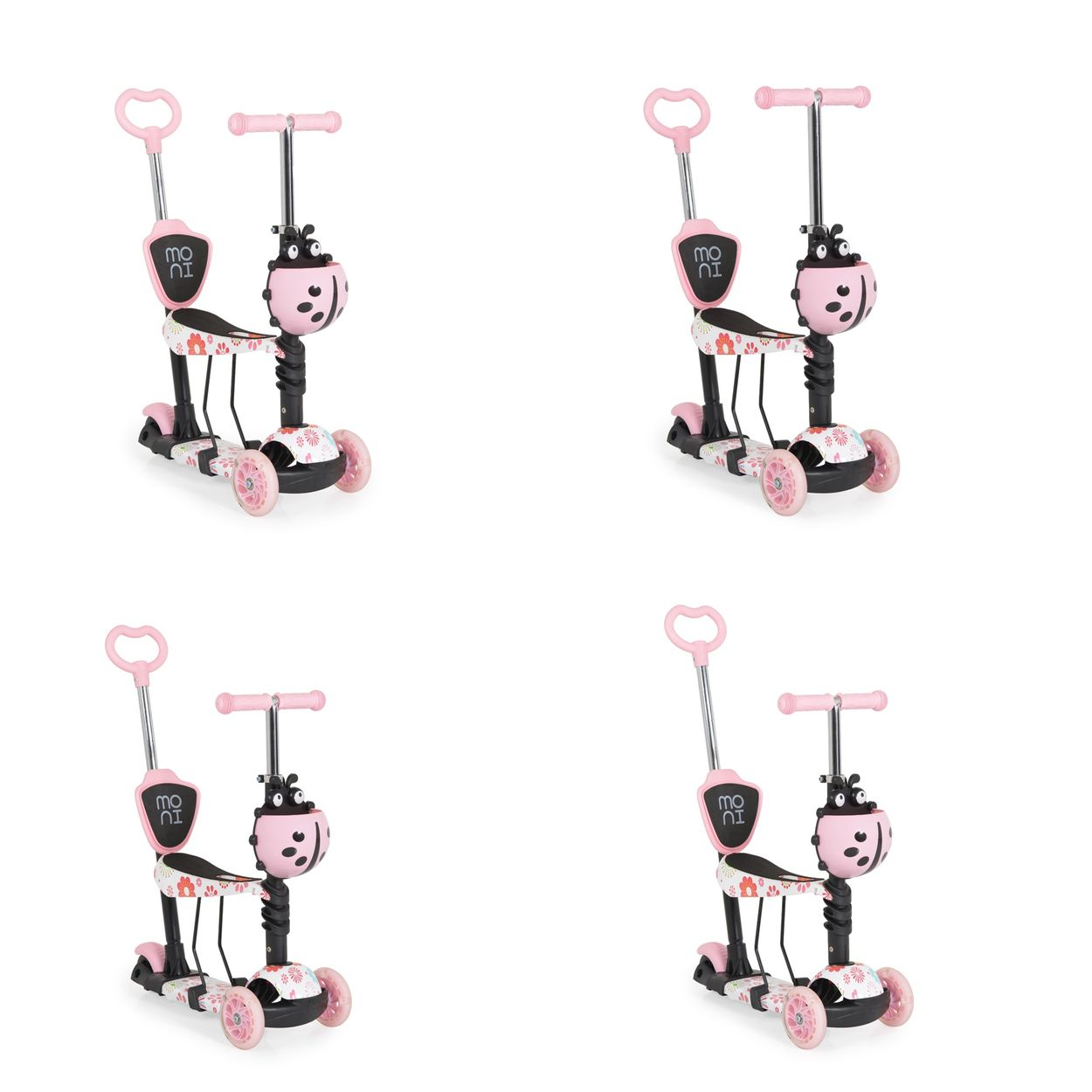 Vier rosa Roller mit Marienkäfer-Design. Jeder hat einen Sitz und einen Griff für Kleinkinder. Weißer Hintergrund.
