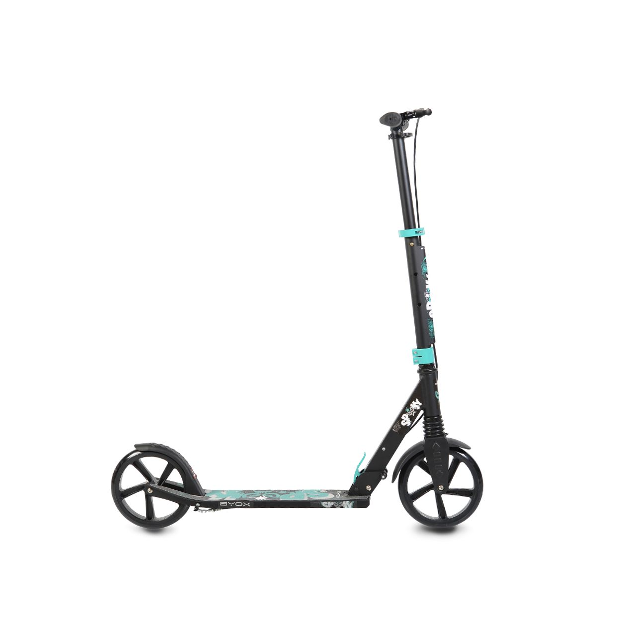 Schwarzer Roller mit türkis Akzenten. Er hat zwei Räder und einen Lenker.