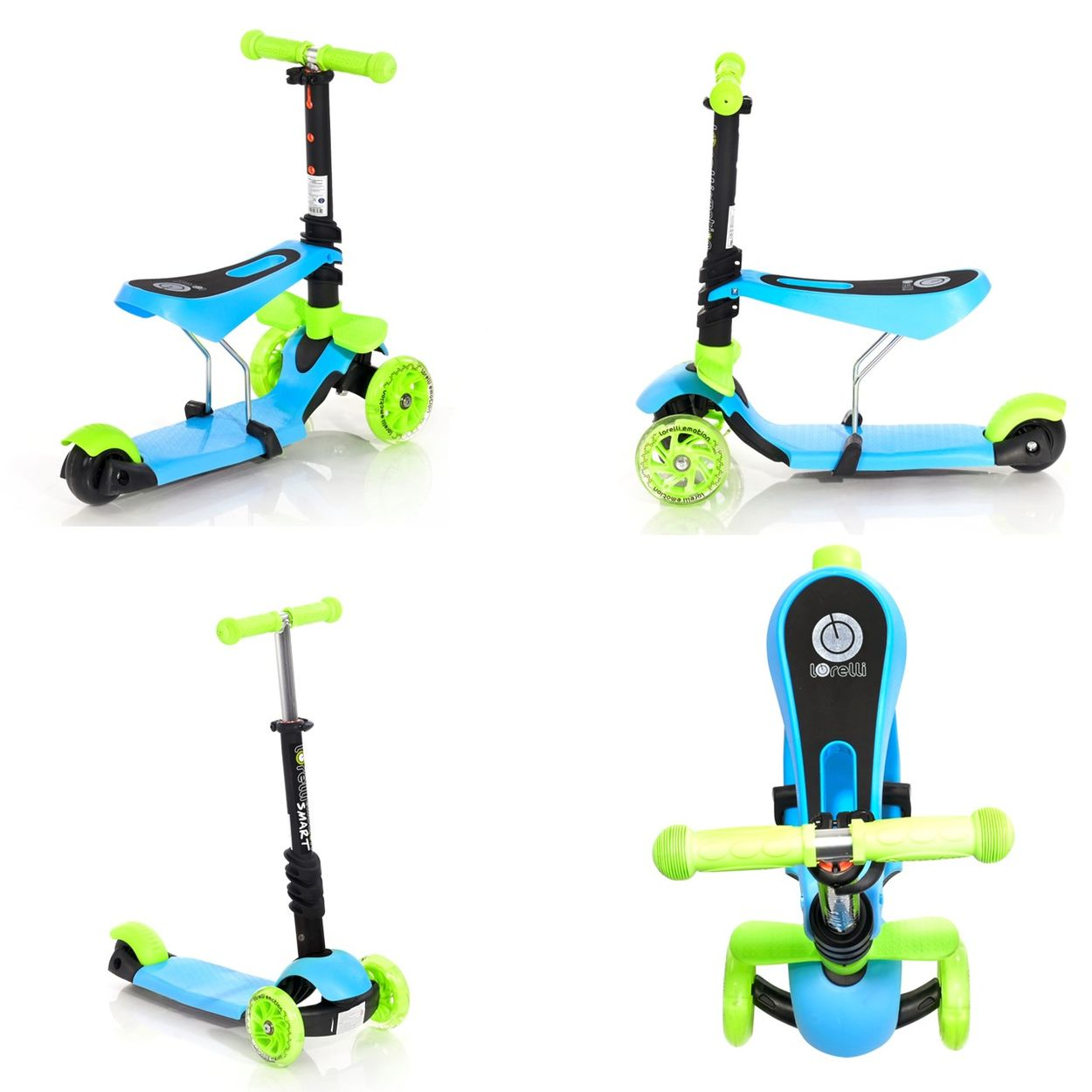 Un patinete azul y verde con asiento. La imagen muestra múltiples vistas del patinete desde diferentes ángulos.
