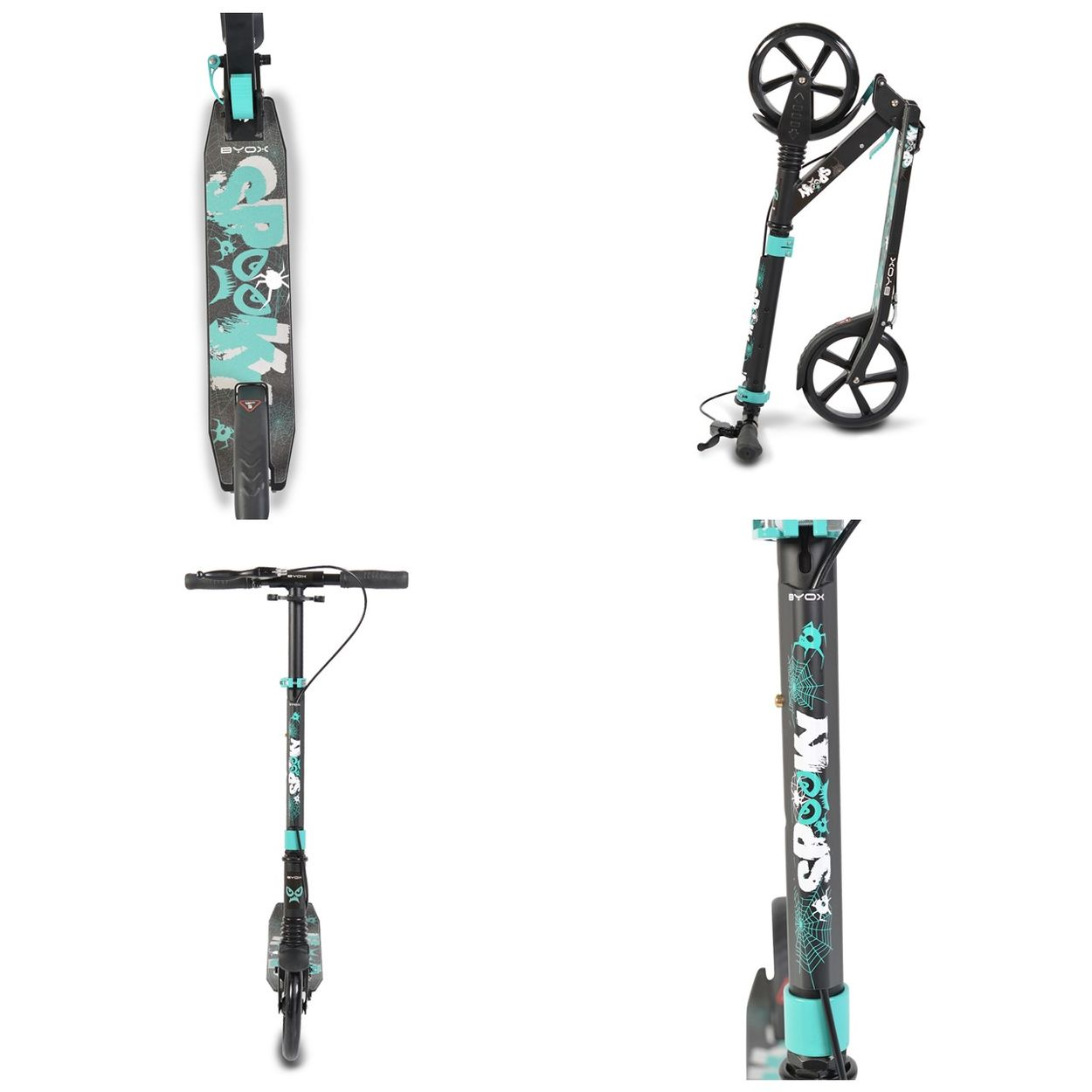 Ein schwarzer und tealfarbener Roller mit dem Markennamen BYOX. Verschiedene Winkel zeigen das Design des Rollers.