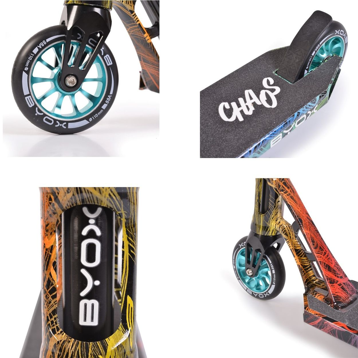 Nahaufnahmen eines Rollers, die Räder, Deck und Rahmendetails zeigen.