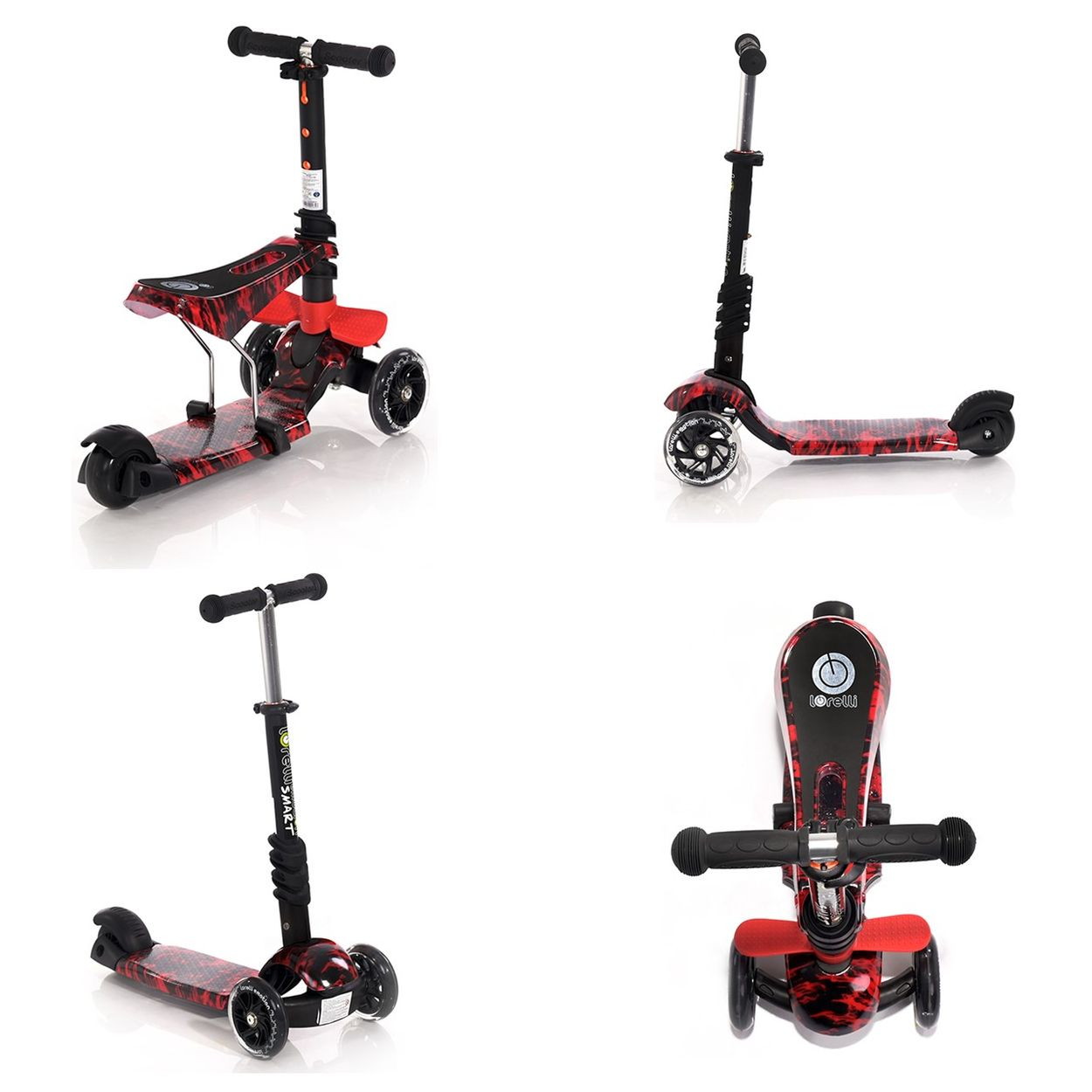Cuatro vistas de un scooter rojo y negro, incluyendo vistas lateral, frontal y superior.