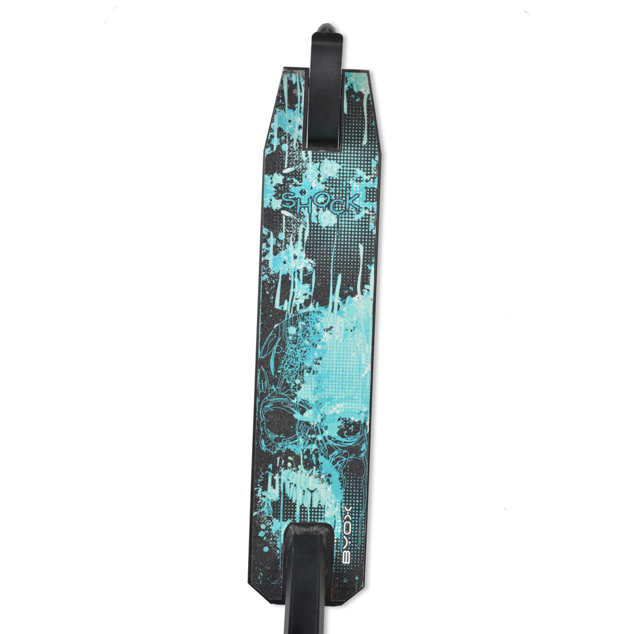 Ein Rollerdeck mit blauem und schwarzem Grafikdesign.