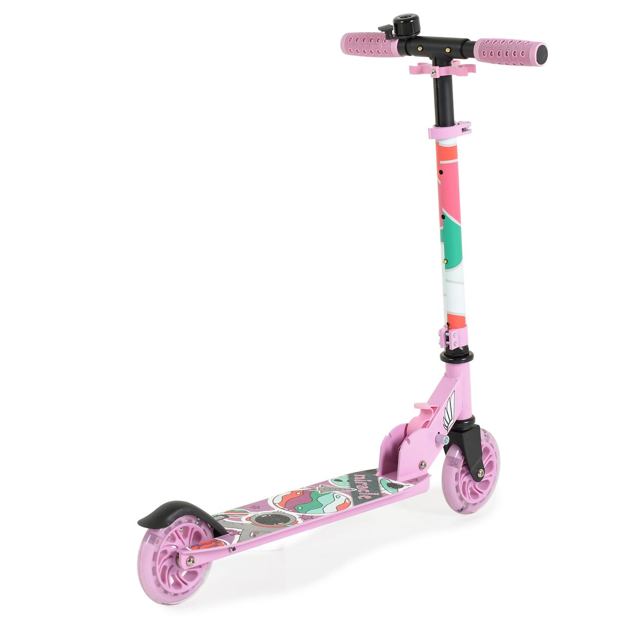 Ein rosa Roller mit Einhornmotiv auf weißem Hintergrund.