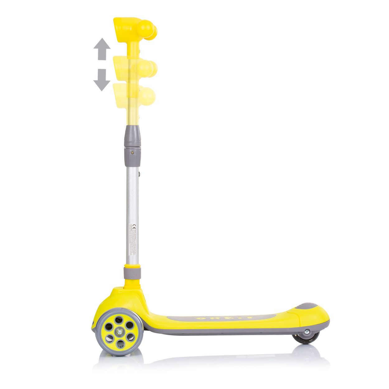 Scooter amarillo y gris con manillar ajustable, sobre un fondo blanco.