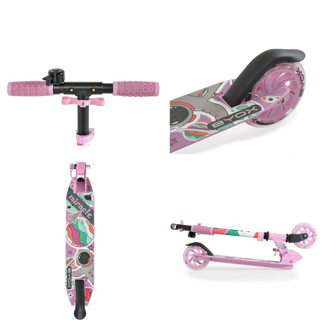 Pinker Roller in verschiedenen Ansichten, Details an Lenker und Deck.