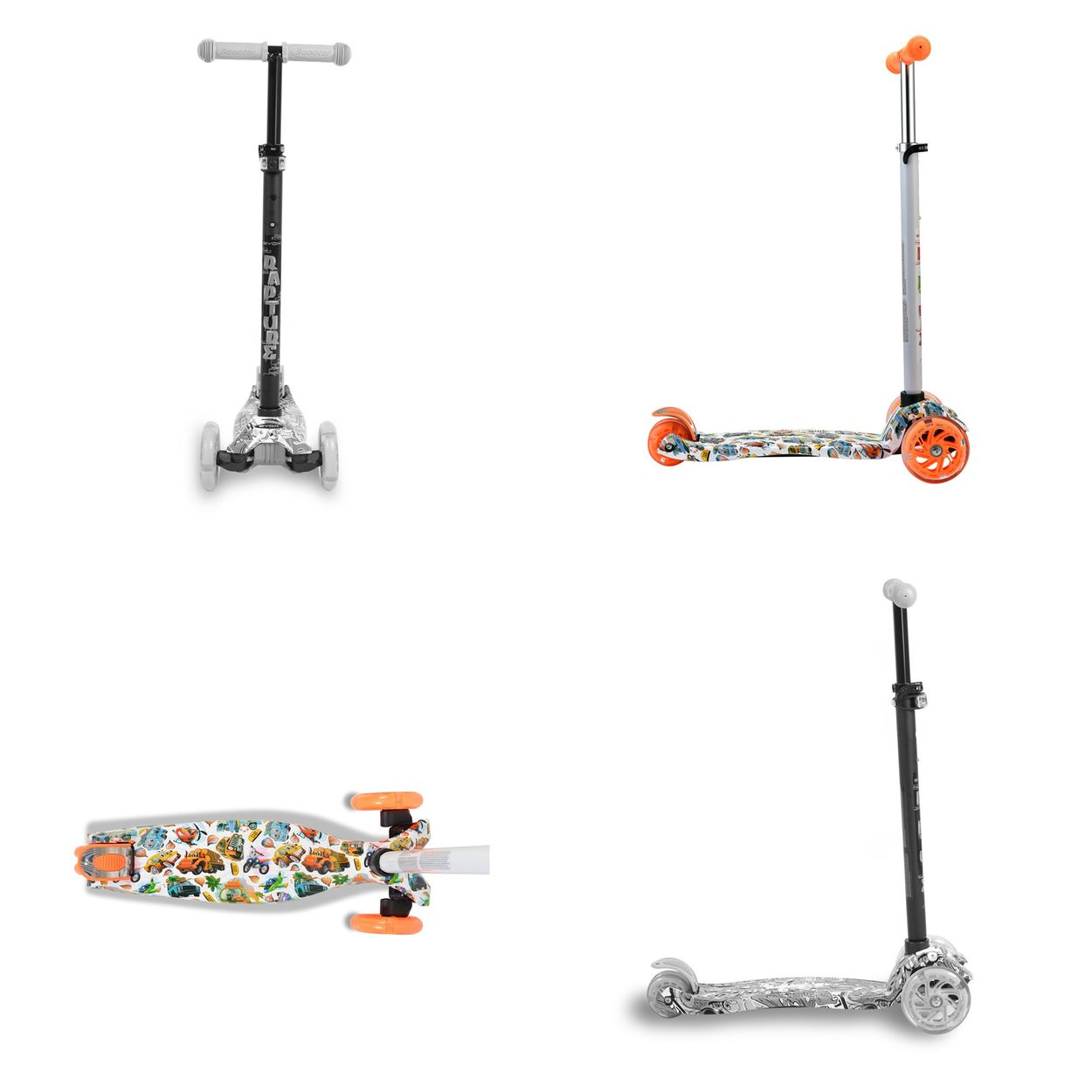 Vier Roller aus verschiedenen Blickwinkeln. Verschiedene Farben und Designs.