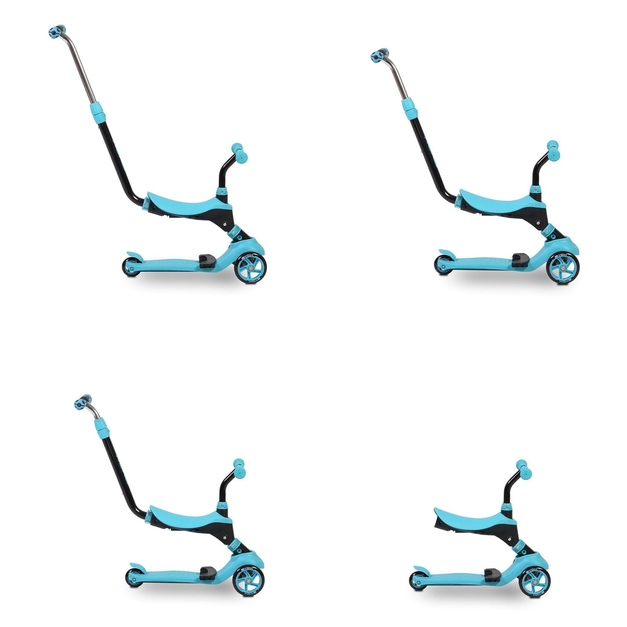 Vier Roller mit blauem Rahmen, schwarzen Akzenten und einem Griff für die Eltern.