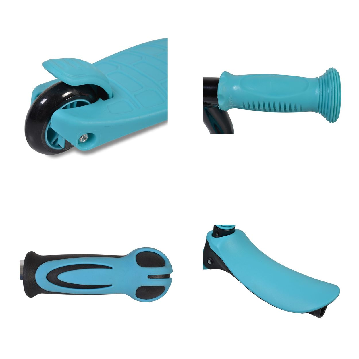 Nahaufnahmen von blauen Rollerteilen: Rad, Griff und Kotflügel.