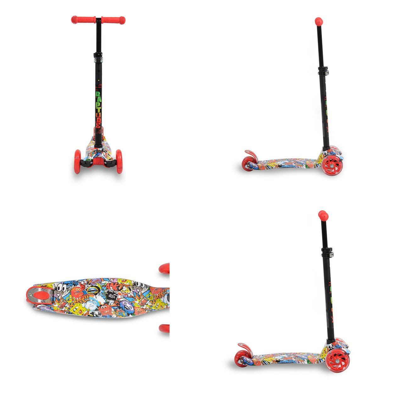 Ein bunter Roller mit roten Rädern und schwarzem Griff. Auf weißem Hintergrund.