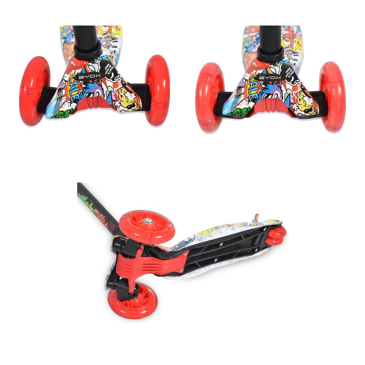 Drei Ansichten eines Rollers mit buntem Graffiti-Design. Rote Räder und schwarze Lenker.