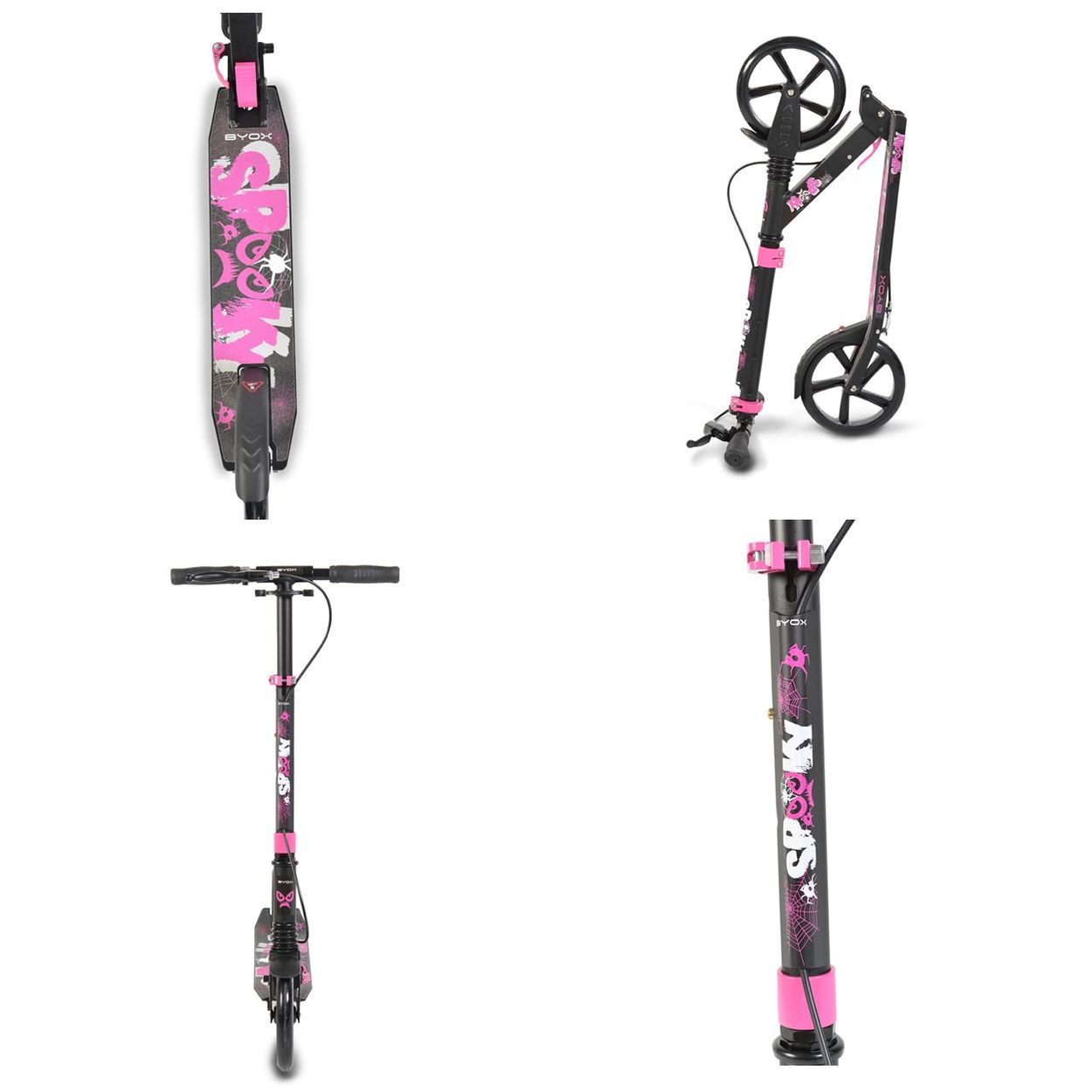 Vier Bilder eines zerlegten schwarzen und pinkfarbenen BYOX Spooky Scooters.