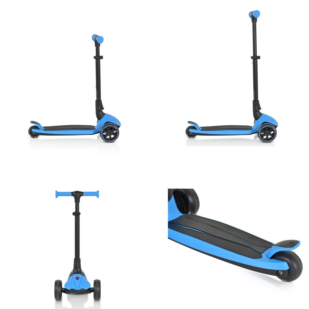 Blau-schwarzer Roller mit Dreirad-Design.