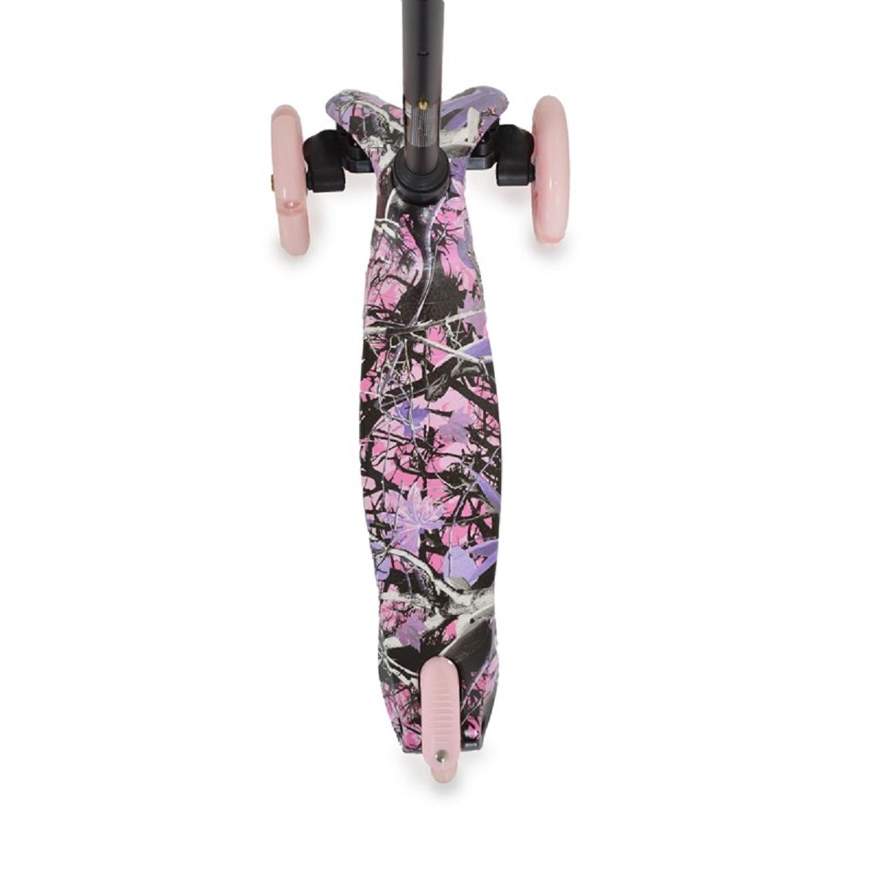 Ein dreirädriger Roller mit einem Tarnmuster in Rosa- und Lilatönen.