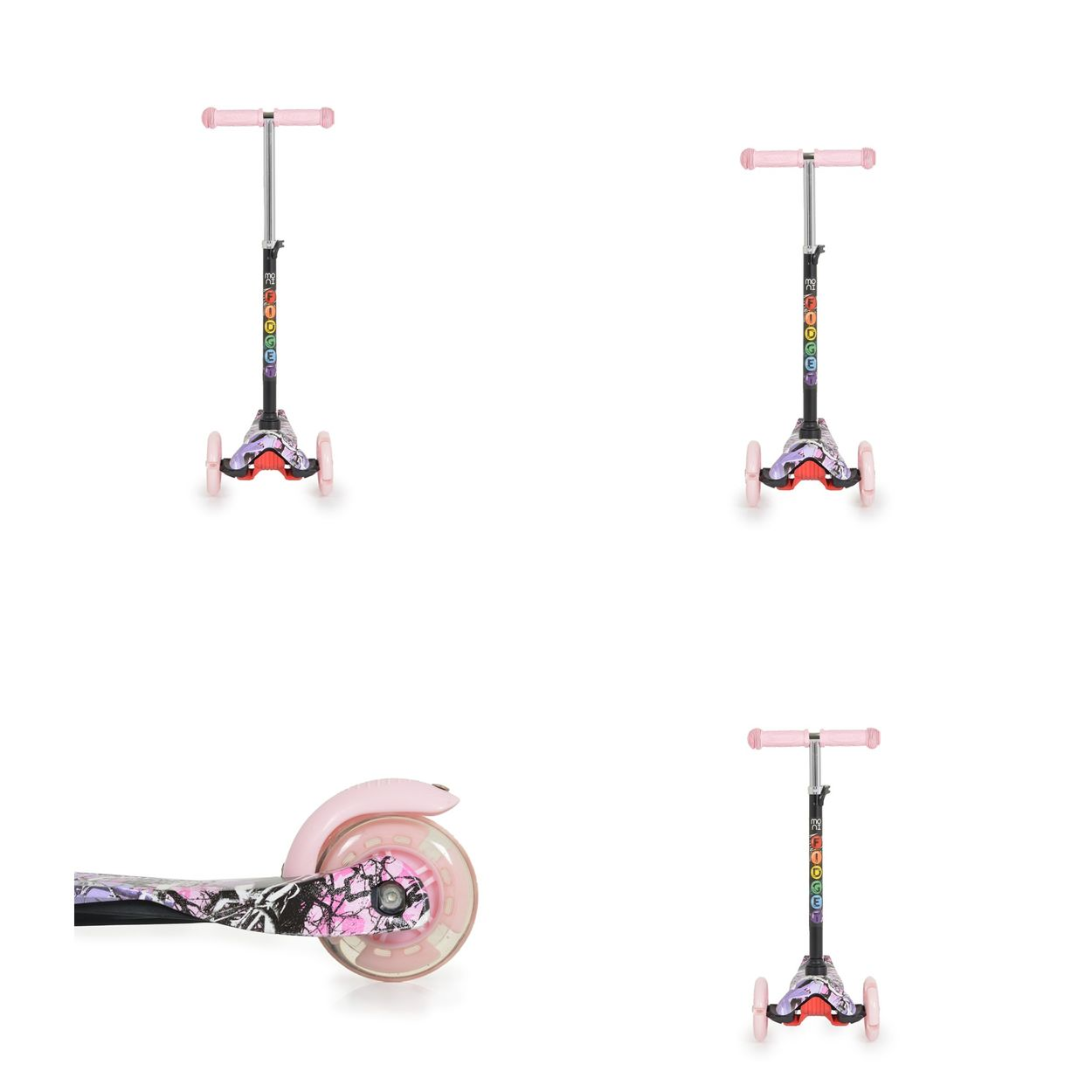 Vier rosa Roller, drei nach vorne, ein Raddetail.