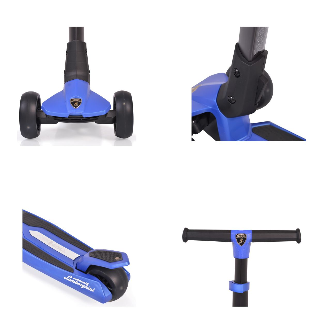 Vier Ansichten eines blau-schwarzen Lamborghini-Rollers, die Design und Komponenten zeigen.