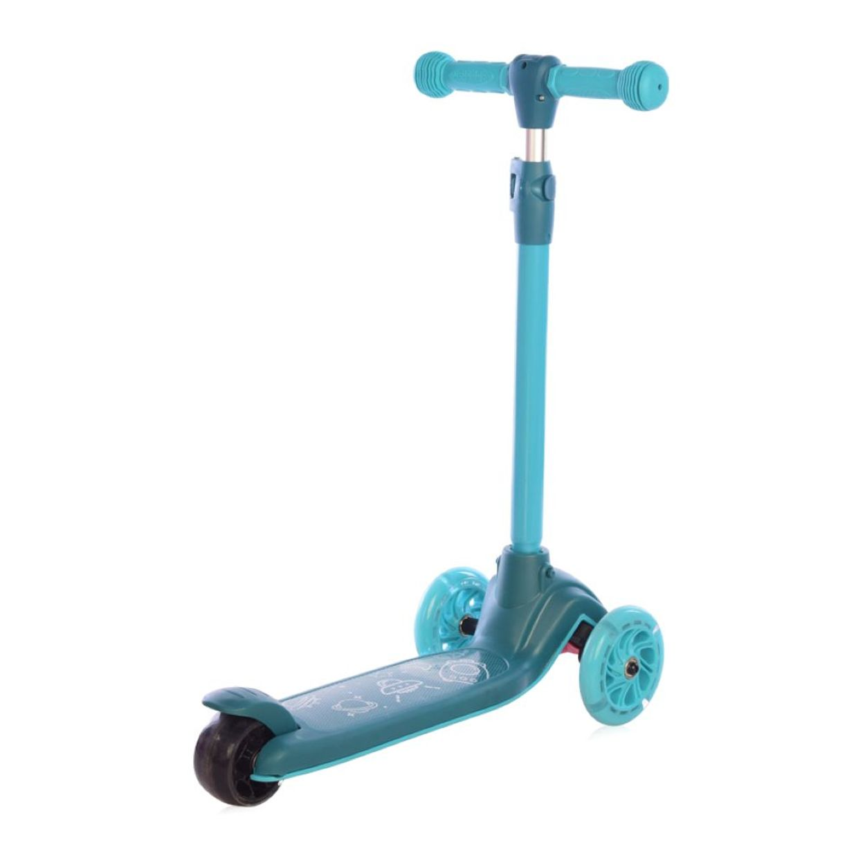Un patinete de tres ruedas turquesa sobre fondo blanco. Tiene un manillar largo y una plataforma.