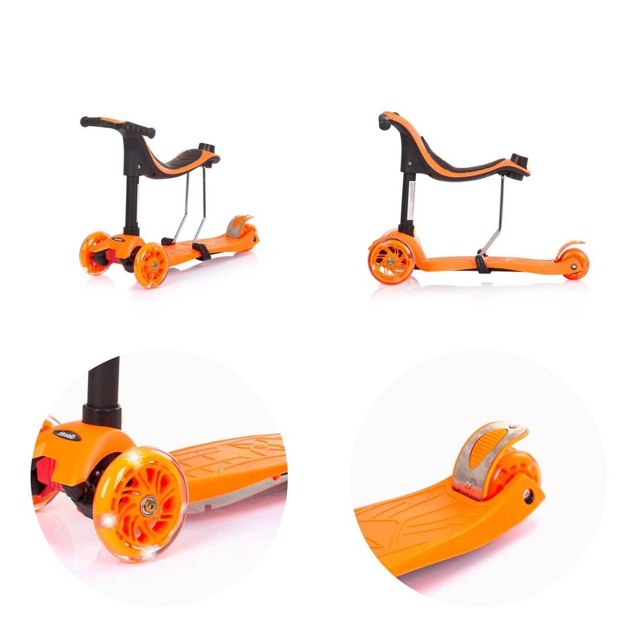 Vier Ansichten eines orangefarbenen Rollers. Zeigt Vorder-, Seiten-, Rad- und Basisdetails.