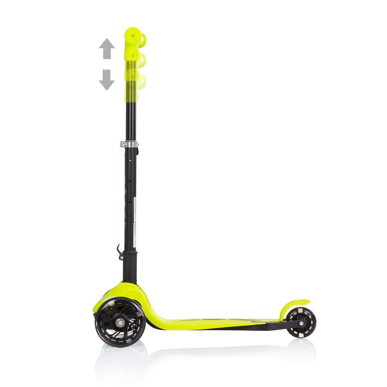 Ein grüner und schwarzer Roller. Pfeile zeigen die Höhenverstellung. Auf weißem Untergrund.