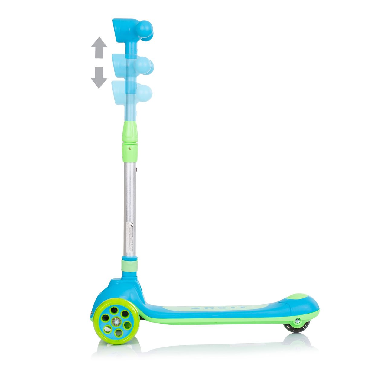 Un scooter azul y verde. El manillar es ajustable. Las flechas indican el ajuste de altura.