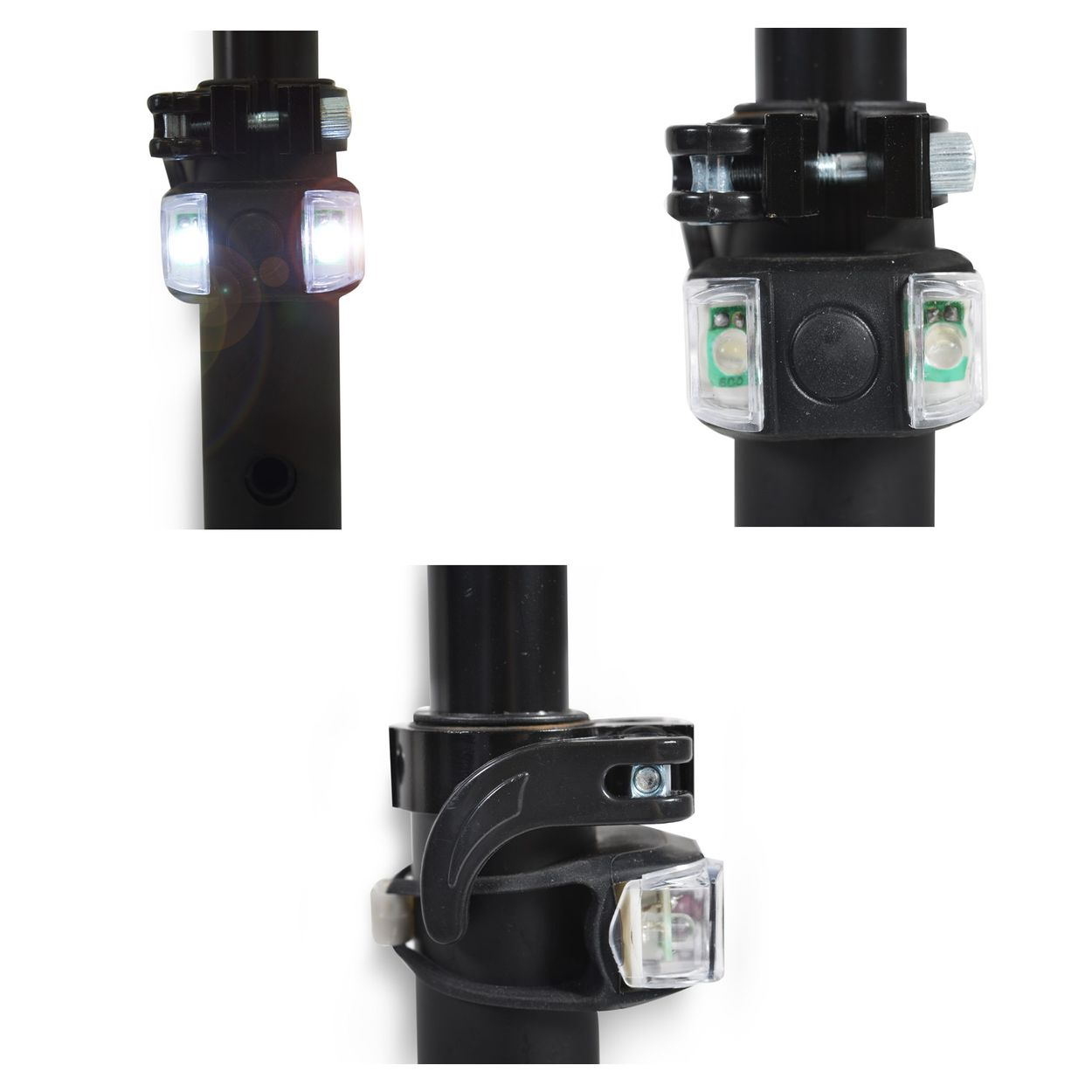 Nahaufnahme von Fahrradlichtern, die an einer schwarzen Stange befestigt sind. Lichter an.