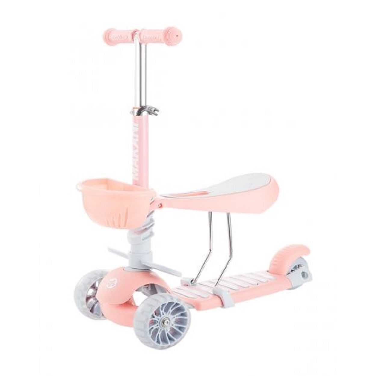 Rosafarbener Roller mit Sitz und Korb. Er hat drei Räder und einen rosa Lenker.