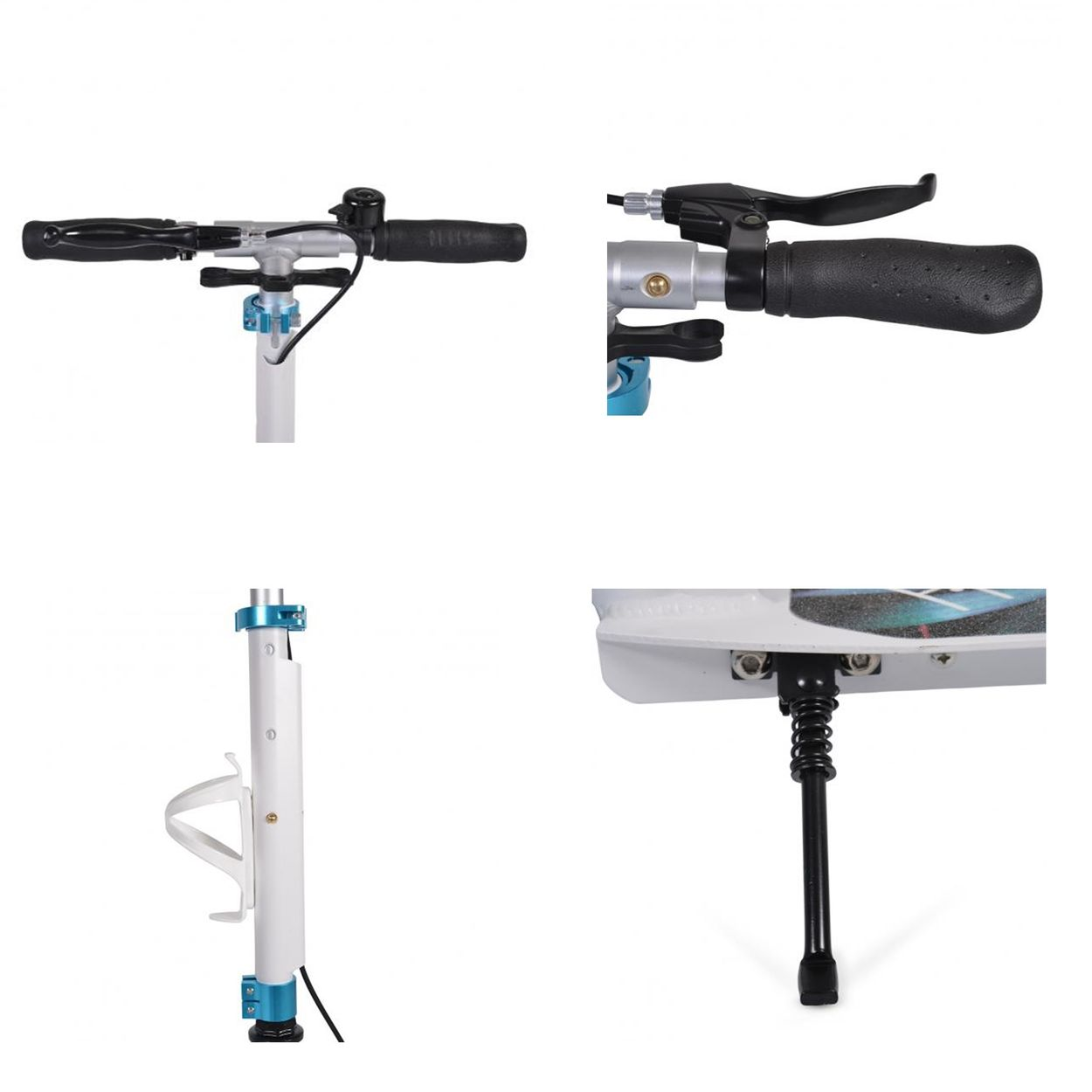 Verschiedene Teile eines Rollers. Griffe, Bremshebel, Klappmechanismus und ein Ständer.