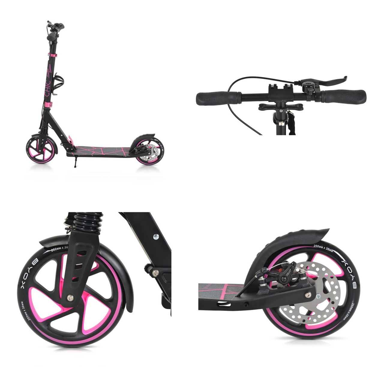 Roller in Schwarz- und Pink-Farbschema, mit Detailaufnahmen von Rädern und Lenker.