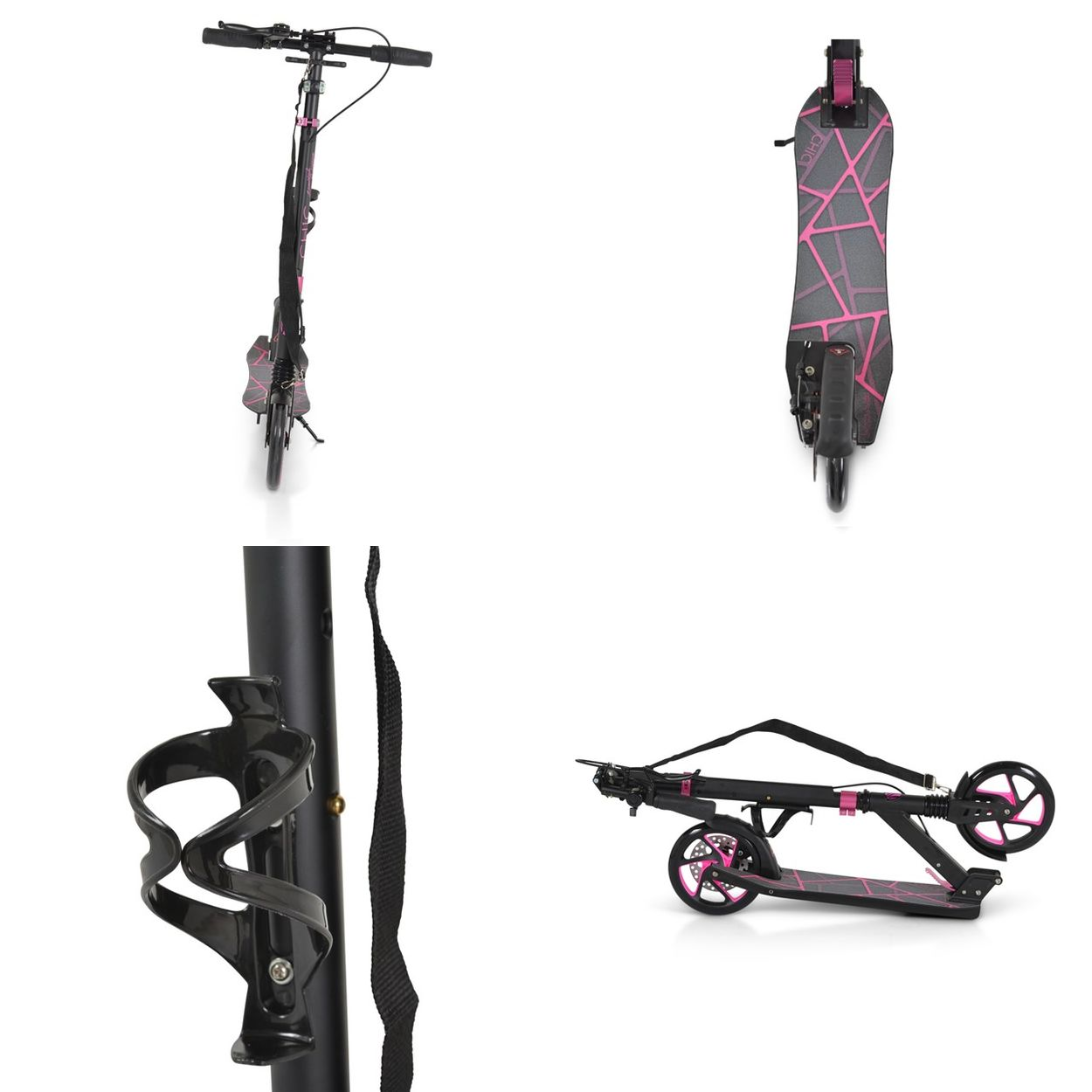 Mehrere Ansichten eines schwarz-rosa Rollers, einschließlich Details von Griff und Rädern.