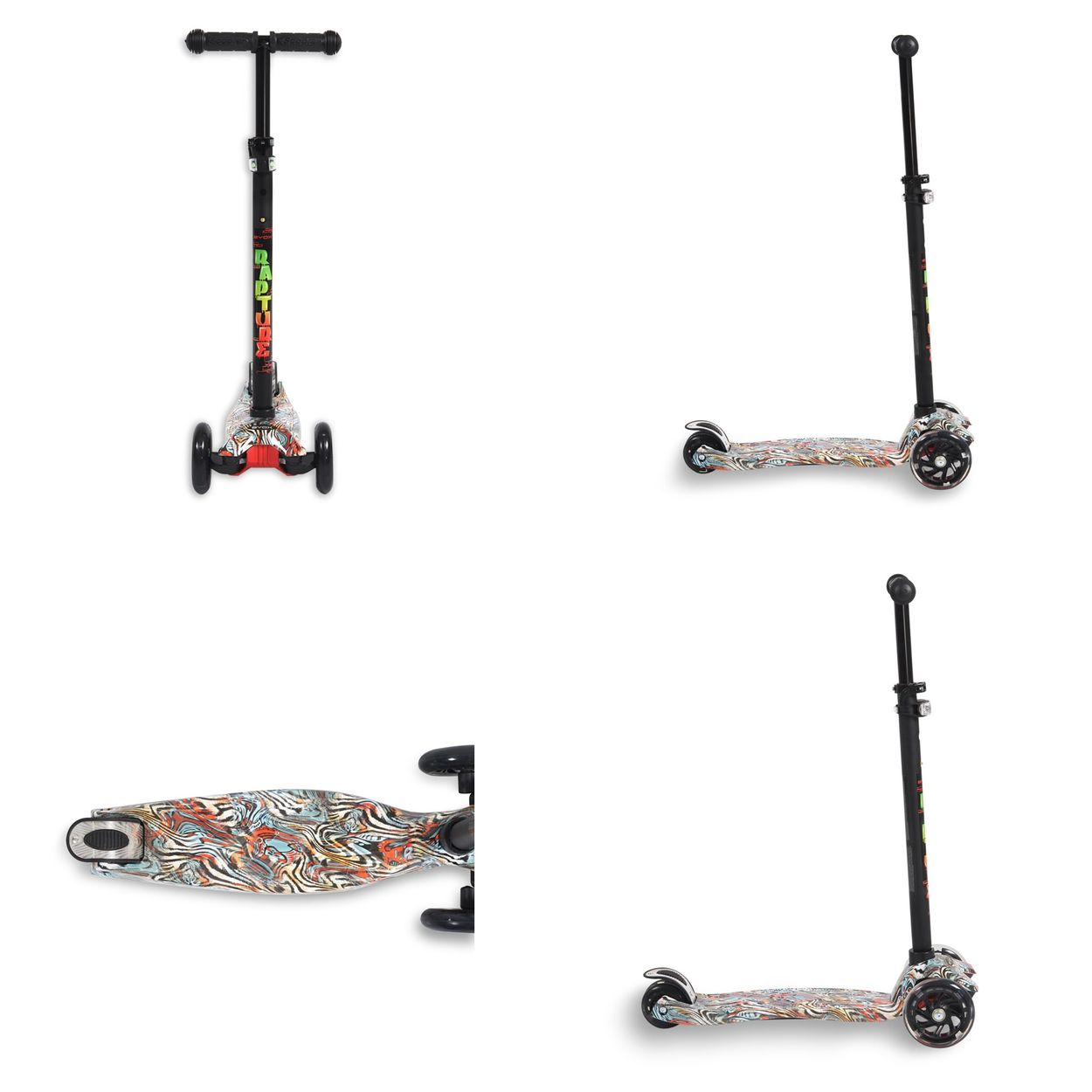 Vier Ansichten eines bunten Rollers. Verschiedene Winkel werden gezeigt.