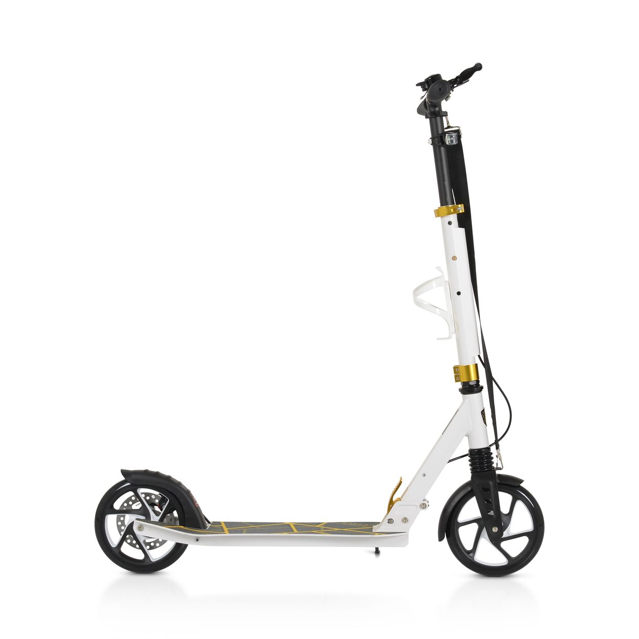 Ein weißer Roller mit schwarzen Rädern und goldenen Akzenten.