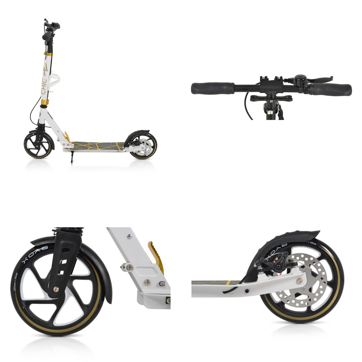 Vier Ansichten eines weiß-goldenen Rollers, mit Fokus auf Design und Komponenten.