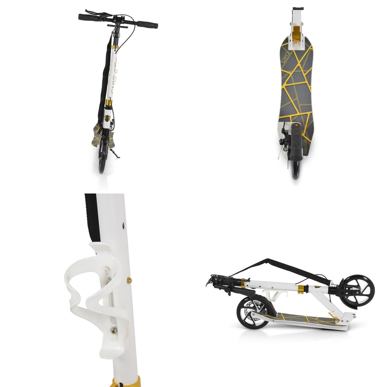 Mehrere Ansichten eines weißen und goldenen Rollers. Details umfassen Lenker, Deck und Räder. Weißer Hintergrund.