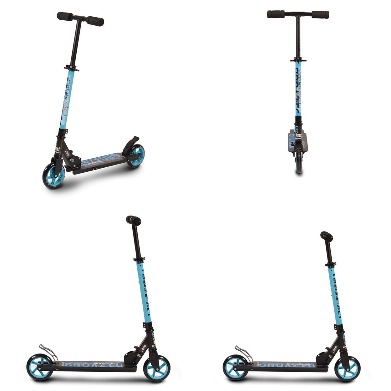 Roller in mehreren Ansichten, schwarz und blau. Weißer Hintergrund.