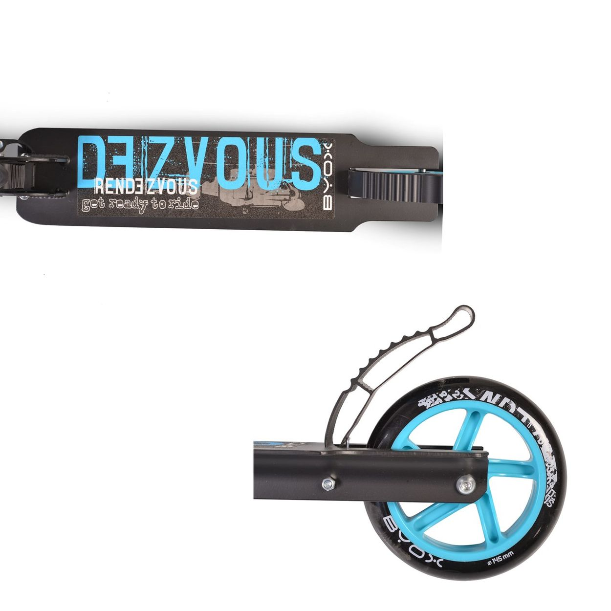 Schwarzer Roller mit blauen Akzenten, Text 'RENDEZVOUS' und ein Rad mit 'BYOX'.